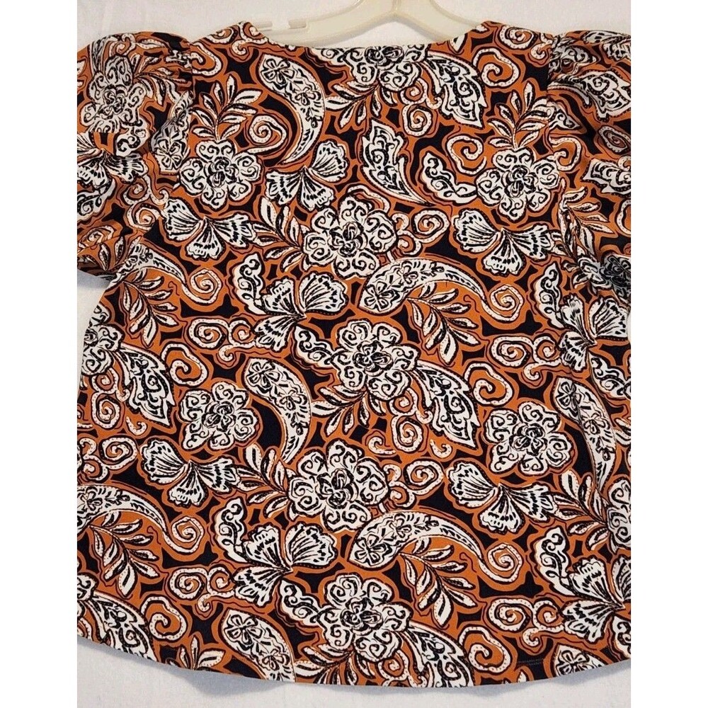 Chicos Size 3 XL Puff Short Sleeve Top Paisley Floral Navy Brown Casual Basic - Picture 6 of 12